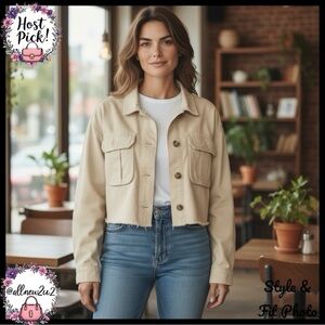 New High Street Distressed Crop Top Jean Jacket Light Khaki Size L